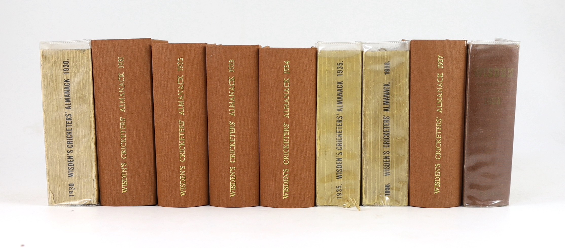 Wisden, John - Cricketers’ Almanack for the years 1930 (67th edition) -1938 (75th edition), all rebound brown cloth gilt (excepting issues for 1930 and 1935-36) and retaining original paper wrappers (bar 1938 issue, an o